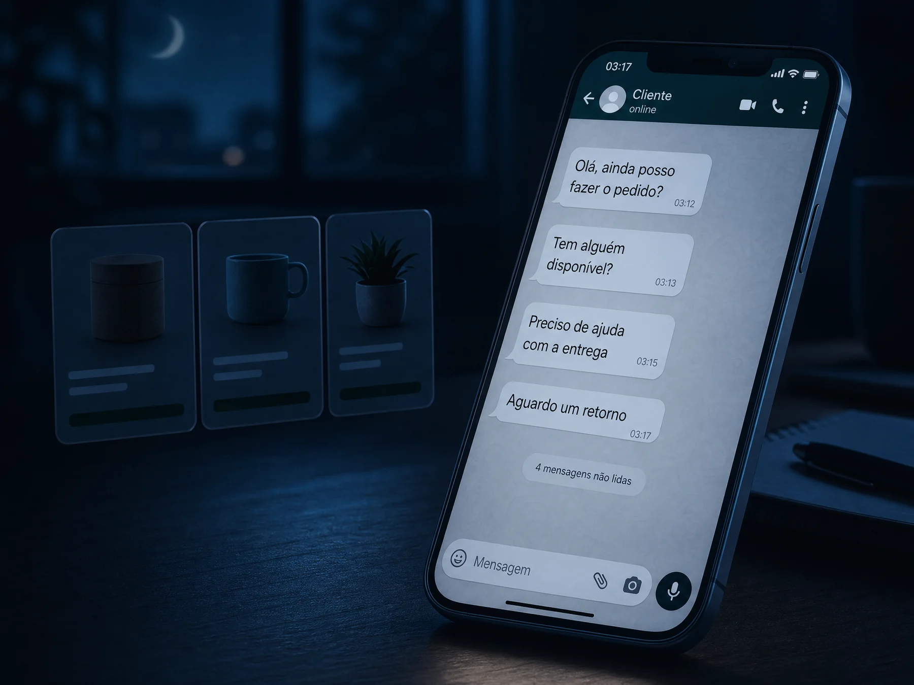 Celular de madrugada com mensagens do cliente sem nenhuma resposta