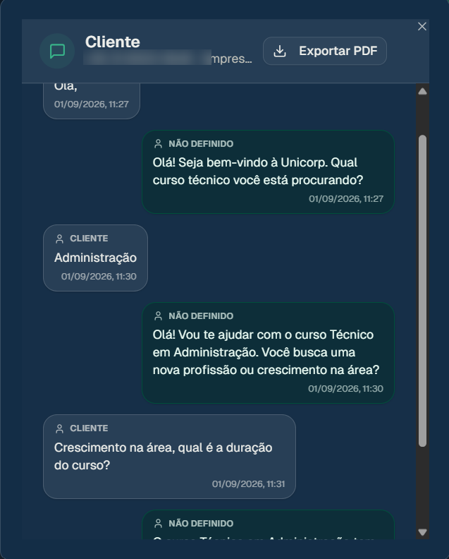 Tela da plataforma com o histórico completo de uma conversa, mostrando cliente e atendente com data e horário, e botão de exportar em PDF